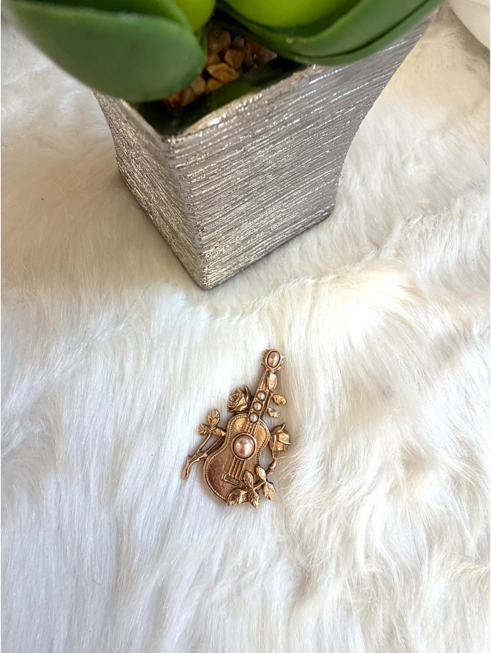 Vintage Gold Tone Guitar and Rose Floral Brooch Pin with Sim